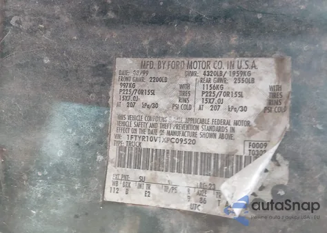 1999 Ford Ranger Xl/Xlt z USA, uszkodzony, nr VIN 1FTYR10V1XPC09520